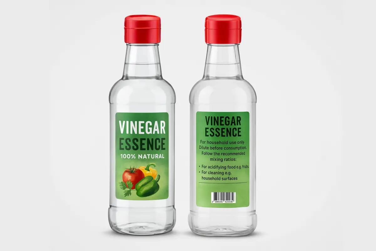 Vorder- und Rückseitenetikett auf einer transparenten Glasflasche