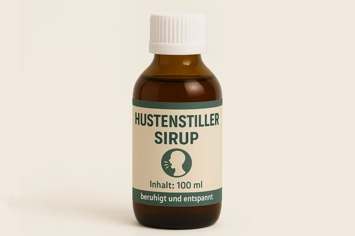 Rundumetikett auf einer braunen Glasflasche für Hustensirup